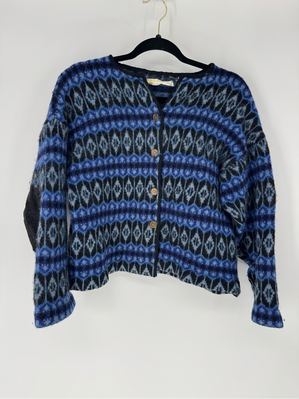 Iceland Norwegian wool Blue and Black Patterned Button-Front Cardigan